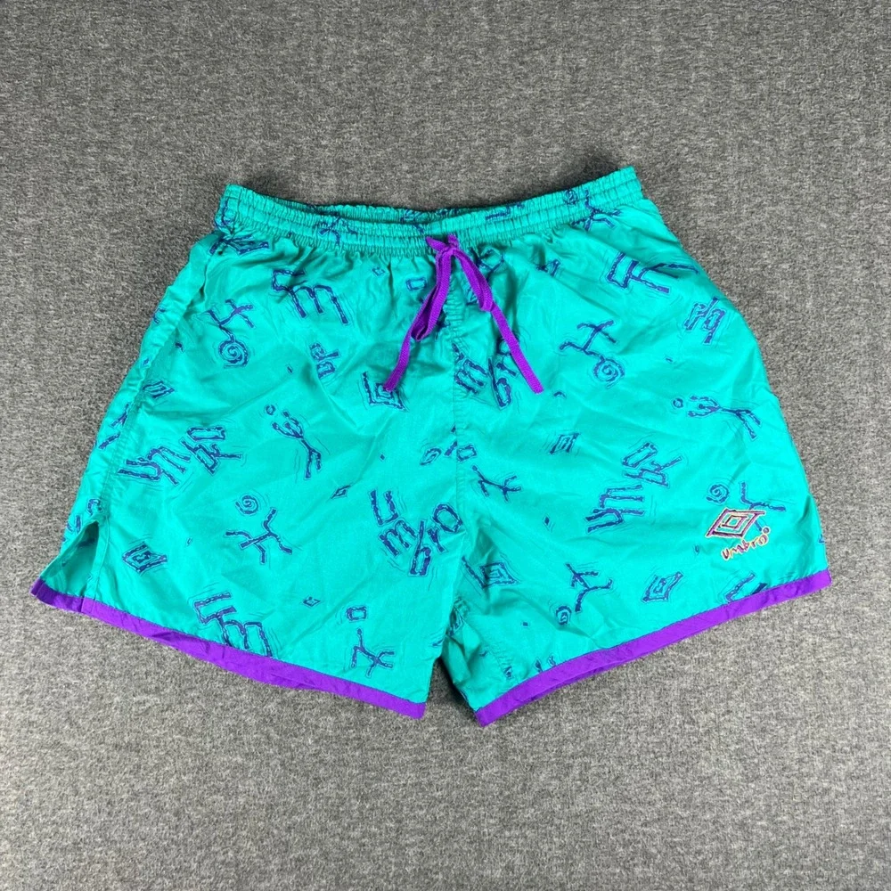 Vintage 90s Umbro Shorts Mens Large Teal Nylon Graphic Print Made in USA